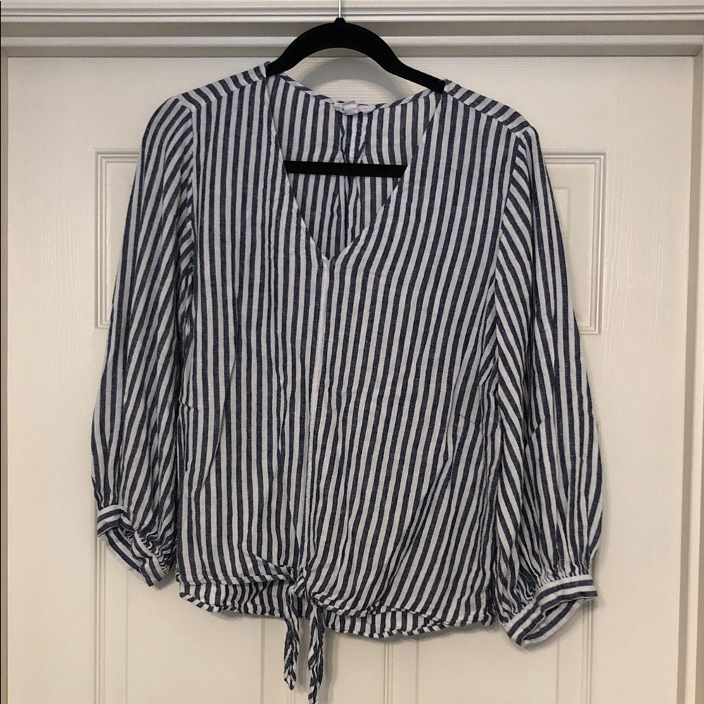 Westbound Navy and White Striped Tie-Front Blouse Size L